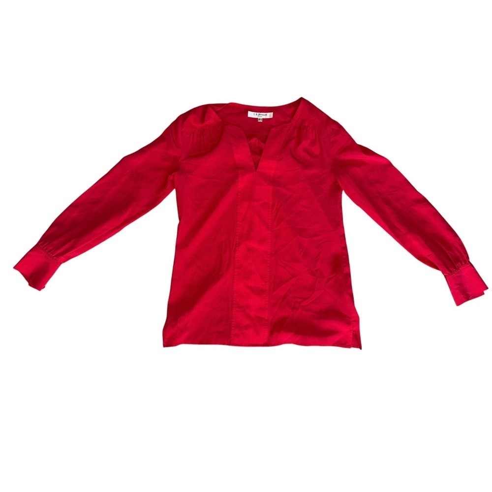 L.K. Bennett London Bright Pink V-Neck Blouse Sz 4 Long Sleeve Office Siren